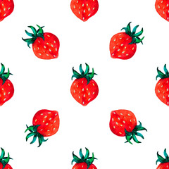 Watercolor strawberries with green leaves pattern on white paper