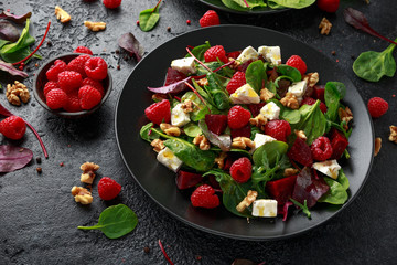 Healthy Beet Salad with raspberry, walnuts nuts and feta cheese