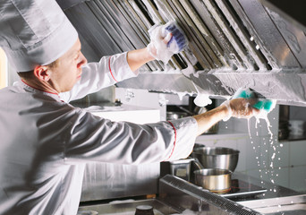 Sanitary day in the restaurant. Repeats wash your workplace. Cooks wash oven, stove and extractor in the Restaurant.