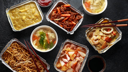 Chinese takeaway food. Pork Wonton dumpling soup, Crispy shredded beef, sweet and sour pineapple...