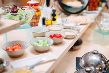 Ingredients for scrambled eggs in a hotel or restaurant. show kitchen.