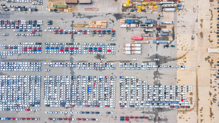 Top view  Lot of vehicles on parking for new car  for export