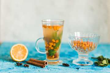 Citrus and lemonade on the table in summer