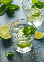 Mojito cocktail with Rum, lime and mint in glass. Summer cold drink with ice