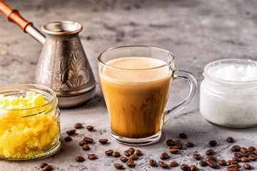 Coffee blended with ghee butter and MCT coconut oil.