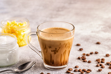 Coffee blended with ghee butter and MCT coconut oil.