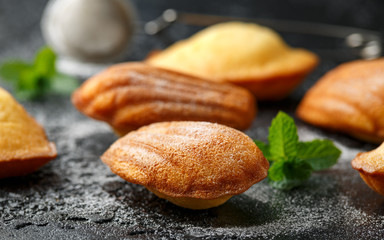 Madeleine French small cake, cookies shell on rustic background