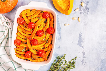 Pumpkin casserole with meat, rice, tomatoes.