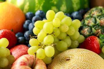 Variety of fresh fruits and berries on dark background: cantaloupe, melon, watermelon, blueberry, oranges, apple, strawberry, pineapple, mango, grapes and kiwi.