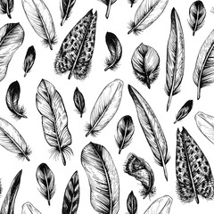 Graphic seamless pattern of bird feathers. Drawn with ink and pen.