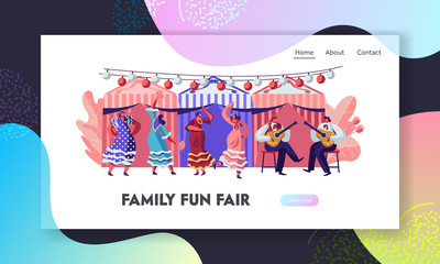 Mexican Dancers and Guitar Players at Cinco De Mayo Festival. Latin Music Folk Celebration. Girls in Traditional Dresses. Website Landing Page, Web Page. Cartoon Flat Vector Illustration, Banner