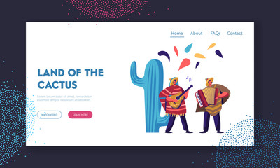 Cinco De Mayo Festival. Mexican Artists with Accordion and Guitar in Traditional Clothes Celebrate National Folk Music Holiday. Website Landing Page, Web Page. Cartoon Flat Vector Illustration, Banner