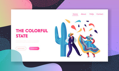 Cinco De Mayo Mexican Artists of Male and Female Dancers in Traditional Clothes Entertain on National Folk Music Festival. Website Landing Page, Web Page. Cartoon Flat Vector Illustration, Banner