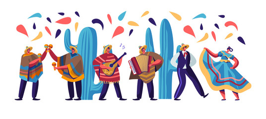 Cinco De Mayo Festival with Mexican People In Colorful Traditional Clothes, Musicians with Guitar, Maracas and Accordion and Dancers Celebrating National Holiday. Cartoon Flat Vector Illustration