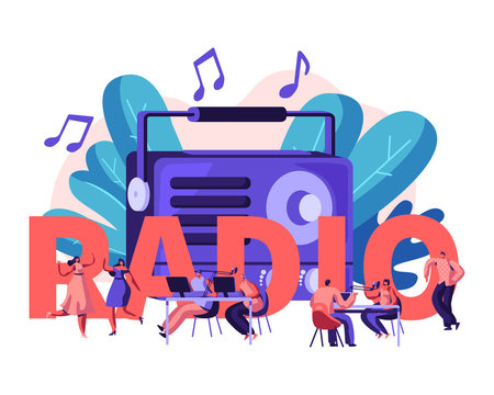 People and Radio Concept. Male and Female Characters Listen Music and News, Dance, Radio Host Broadcasting and Communicate with Listeners Poster, Banner, Brochure. Cartoon Flat Vector Illustration