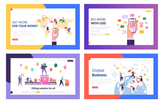 E-mail Service, Global Business, Gifts Purchasing Website Landing Page Templates Set. People Using Electronic Mail, Buying Presents, Expanding Biz Web Page. Cartoon Flat Vector Illustration, Banner