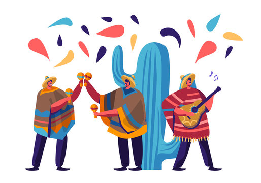 Cinco De Mayo Festival with Group of Mexican Men in Colorful Poncho and Sombrero Playing Guitar and Maracas Celebrating National Folk Music Holiday. Artists Musicians Cartoon Flat Vector Illustration
