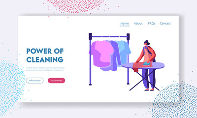 Female Employee in Laundry Service Working Process of Steaming and Ironing Clean Clothes. Woman Holding Iron to Dry Clothing. Website Landing Page, Web Page. Cartoon Flat Vector Illustration, Banner