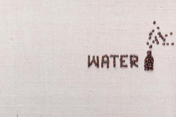 Water bottle sign from coffee beans on linea canvas, aligned middle-right.