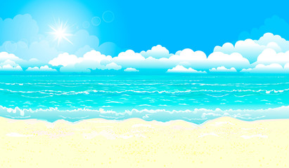 Ocean and sandy beach. Landscape of the tropical coast. Sea shore landscape. Ocean, sky, sun and sand