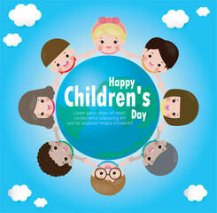 International Children's Day. kids holding hands in a circle on the globe. poster with happy kids around the world vector illustration