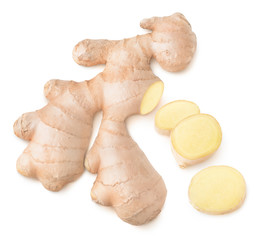 Isolated ginger. Cut ginger root, top view, isolated on white background with clipping path