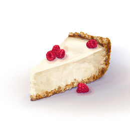 Vector piece of cheesecake cake with airy and tender, delicate creamy-curd cheese. Crisp and crumbly cake with raspberry, appetizing, realistic, homemade, hand-drawn. Tasty, healthy, delicious