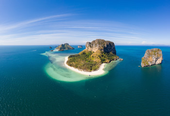 Aerial drone view of beautiful tropical Poda Island in Thailand
