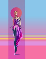 girl in a pink magenta violet asymmetrical dress, icon sun nimb, catwalk, fashion illustration, modern style with minimalist concept lines, digital brushes, pearlescent retro pastels color gamma