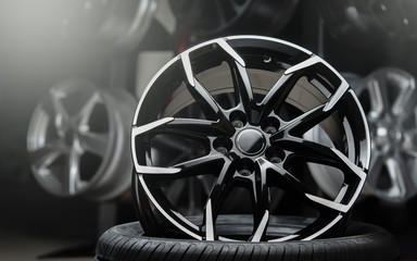 beautiful alloy wheels dark background, close up.