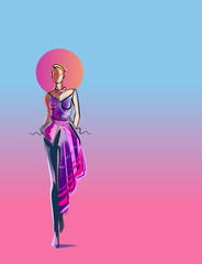 girl in a pink magenta violet asymmetrical dress, icon sun nimb, catwalk, fashion illustration, modern style with minimalist concept lines, digital brushes, pearlescent retro pastels color gamma