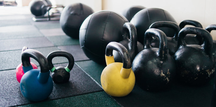 Kettlebell and medicine ball in the gym. Equipment for functional training
