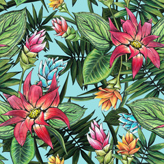 Seamless floral pattern of tropical flowers and leaves.