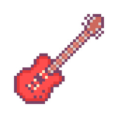 Obraz premium Red electirc guitar, 32x32 pixel art icon isolated on white background. String music instrument symbol. Old school 8 bit slot machine pictogram. Retro 80s-90s 16 bit video game graphics.