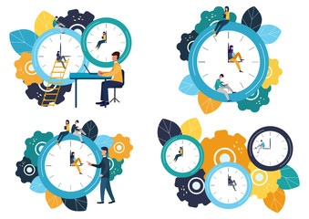 Set of vector illustrations, round clock on white background, time management concept