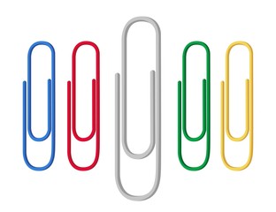 Colored paper clips red, green, blue, yellow. Flat style. Vector.