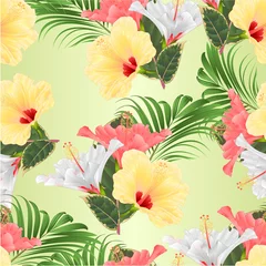  Seamless texture Tropical flowers  floral arrangement, with pink white and yellow hibiscus and  palm ficus  vintage vector illustration  editable hand draw © zdenat5
