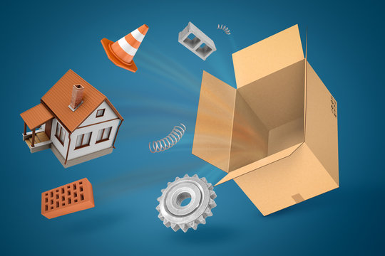 3d rendering of empty cardboard box, small house, warning cone, piece of spring coil, bricks, and gearwheel suspended in air on blue background.