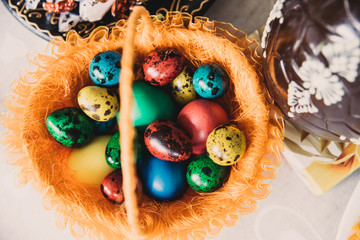 Colourful Easter eggs in the basket