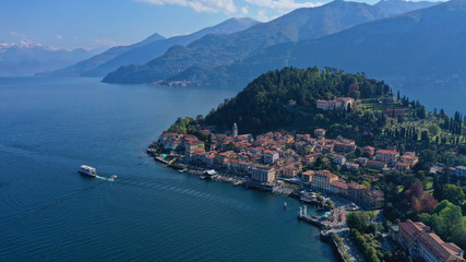 Fototapeta premium Aerial drone photo of iconic village of Bellagio in lake Como one of the most beautiful and deepest in Europe, Lombardy, Italy
