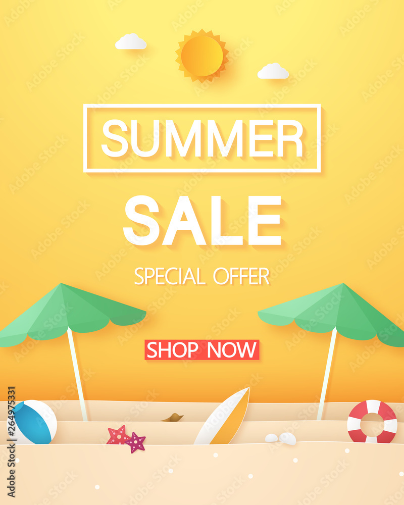 Wall mural Summer sale , beach with umbrella beach and stuff , paper art style