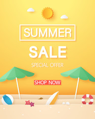Summer sale , beach with umbrella beach and stuff , paper art style