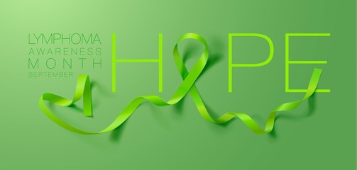 Lymphoma Awareness Calligraphy Poster Design. Realistic Lime Green Ribbon. September is Cancer Awareness Month. Vector