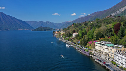 Fototapeta na wymiar Aerial drone panoramic photo of famous lake Como one of the deepest in Europe, Lombardy, Italy