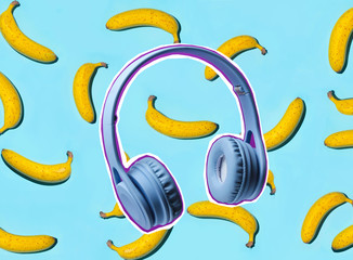 Zine style, pop art design. Creative collage with headphones and bananas