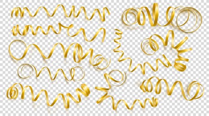 Set of realistic gold ribbons on transparency background. Vector illustration. Can be used for greeting card, holidays, banners, gifts and etc.