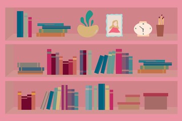 Illustration of Bookshelf and a lot of books, flowerpot, picture frame, clocks, and a pencil pot