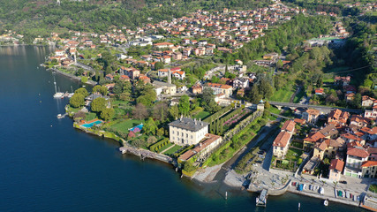 Naklejka premium Aerial drone panoramic photo of famous beautiful lake Como one of the deepest in Europe, Lombardy, Italy