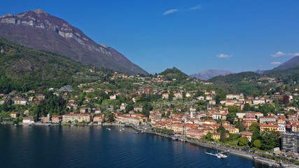 Aerial drone photo of iconic village of Tremezzina in lake Como one of the most beautiful and deepest in Europe, Lombardy, Italy