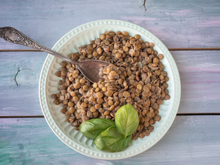Plate with boiled lentils and a fresh sprig of basil close-up on a turquoise board tray with a tablespoon